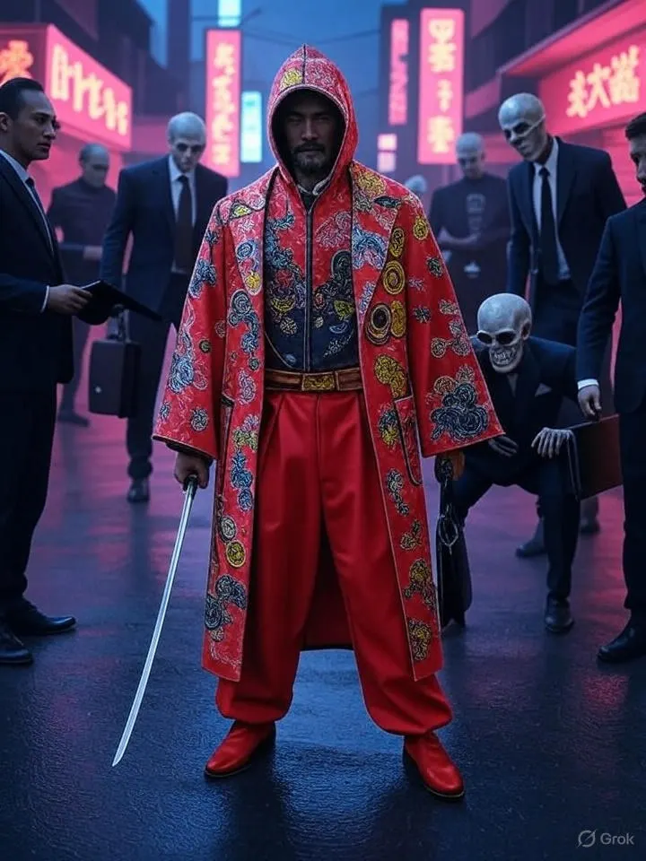 A warrior in a red embroidered robe with a sword, facing grim figures in suits on a neon-lit street