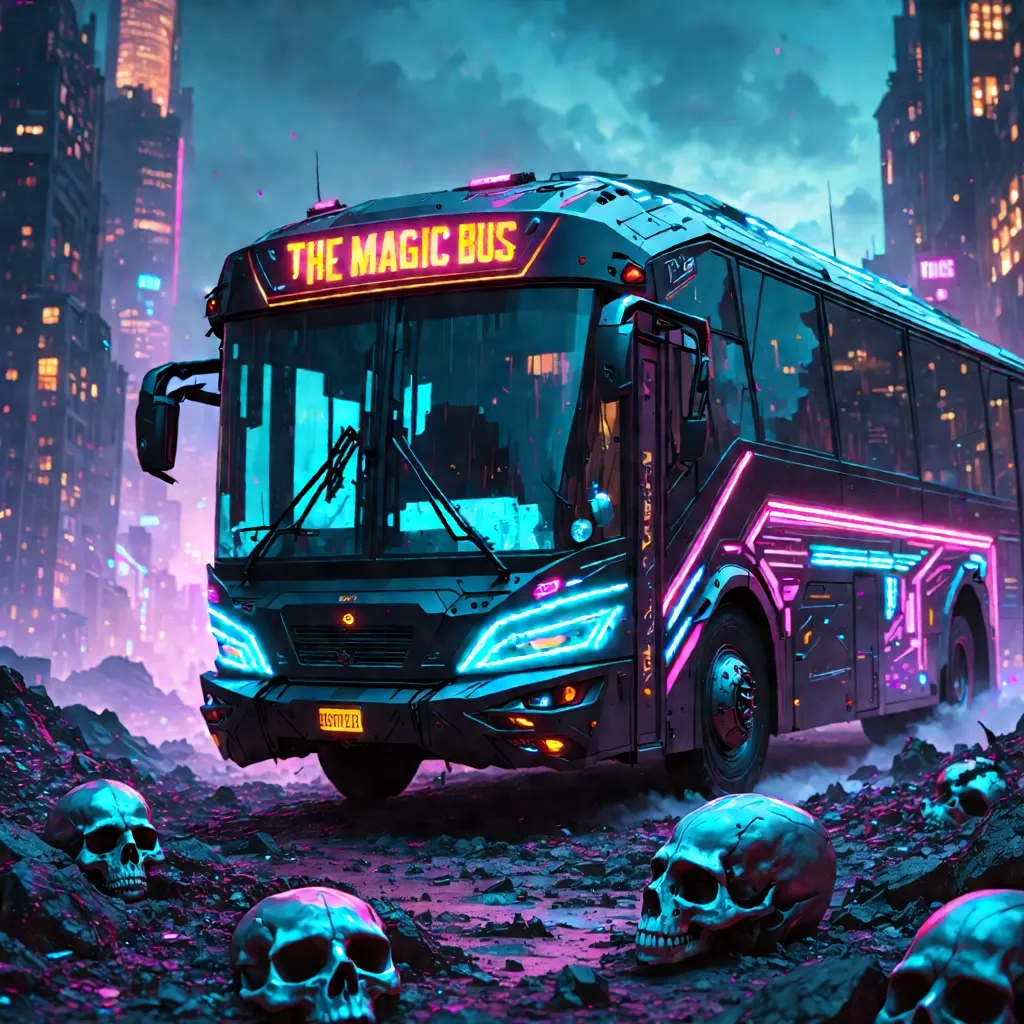The Magic Bus, an armored bus glowing in a dark city over a field of skulls